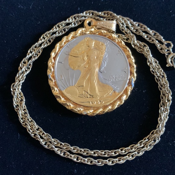 US Mint Jewelry - Authentic 1945 Walking Liberty half dollar w gold electroplating on 18” chain